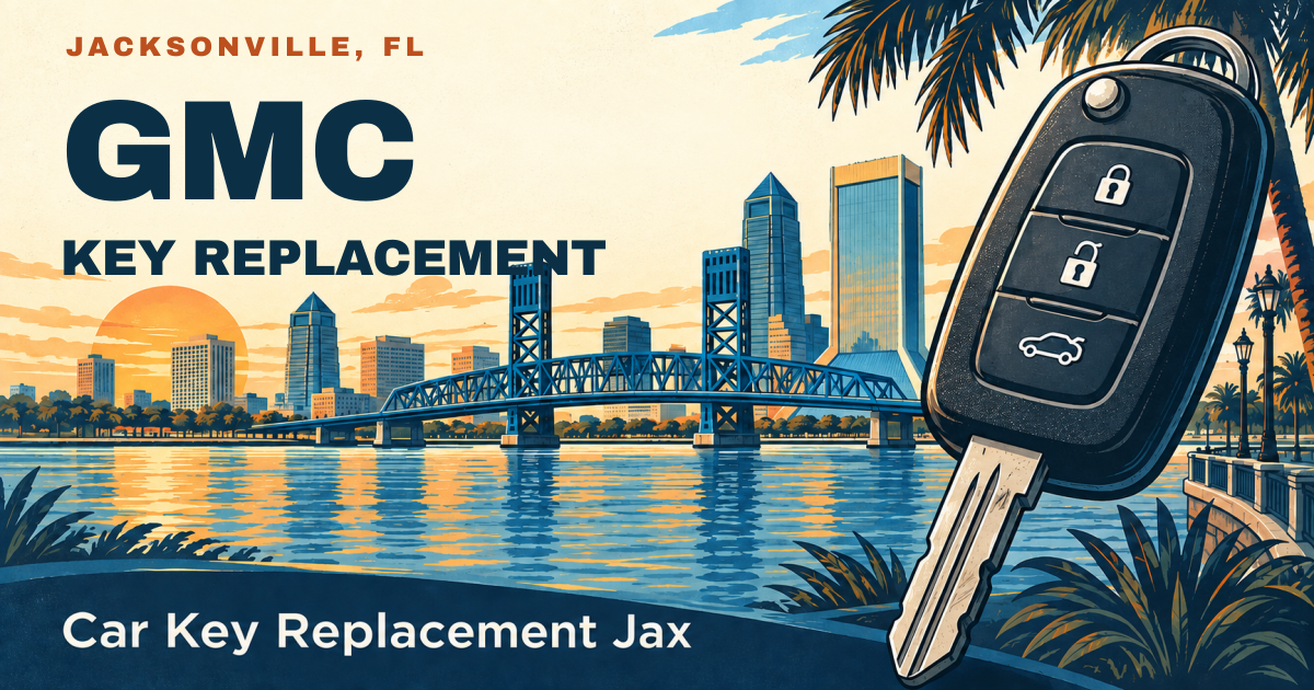 GMC — KEY REPLACEMENT. Jacksonville, FL. Illustrated car key and city skyline; Car Key Replacement Jax.