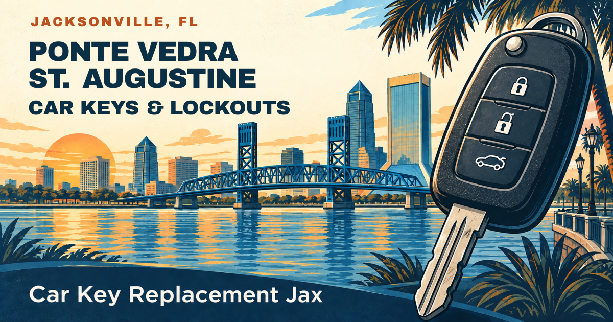 PONTE VEDRA ST. AUGUSTINE — CAR KEYS & LOCKOUTS. Jacksonville, FL. Illustrated car key and city skyline; Car Key Replacement Jax.