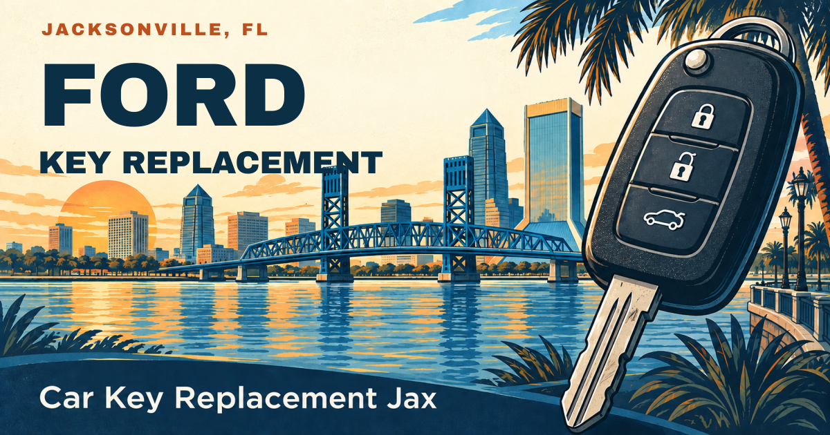 FORD — KEY REPLACEMENT. Jacksonville, FL. Illustrated car key and city skyline; Car Key Replacement Jax.