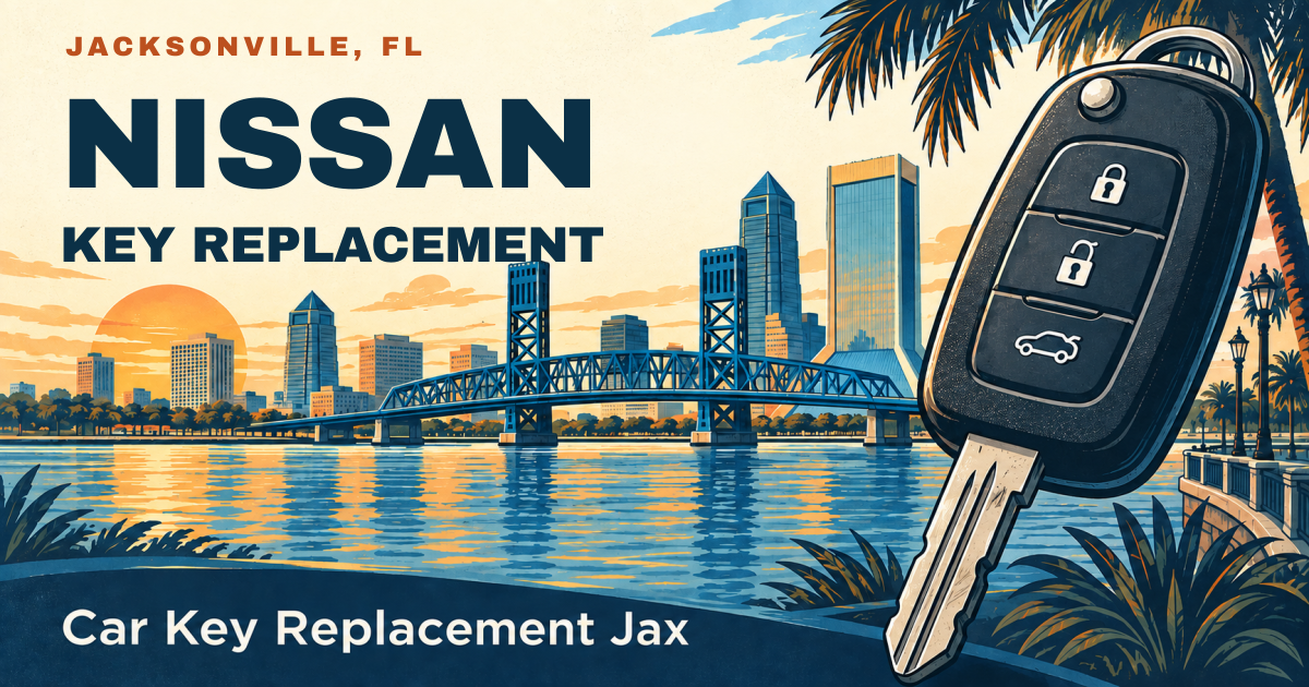 NISSAN — KEY REPLACEMENT. Jacksonville, FL. Illustrated car key and city skyline; Car Key Replacement Jax.