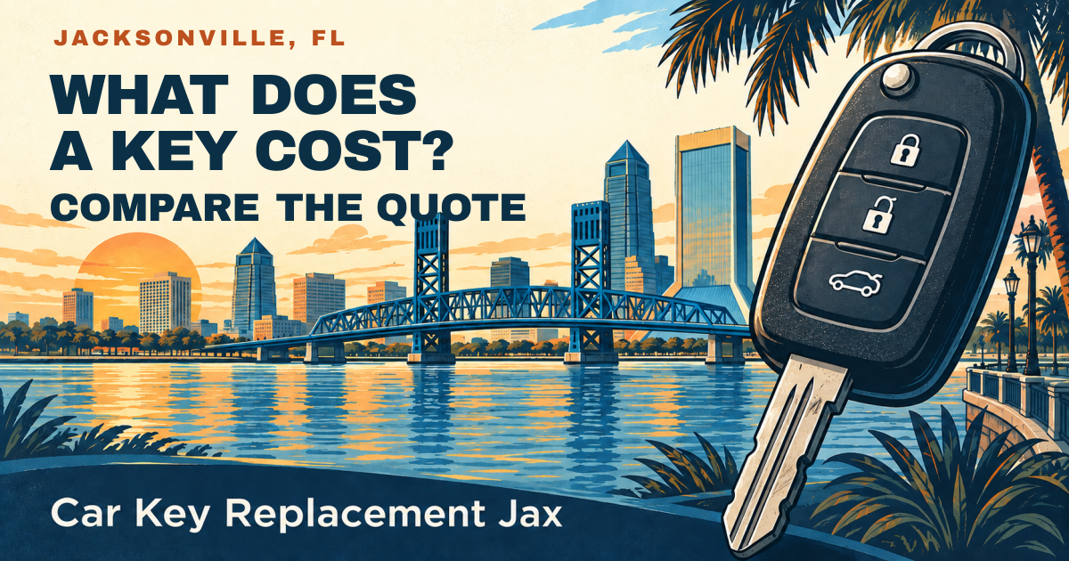WHAT DOES A KEY COST? — COMPARE THE QUOTE. Jacksonville, FL. Illustrated car key and city skyline; Car Key Replacement Jax.