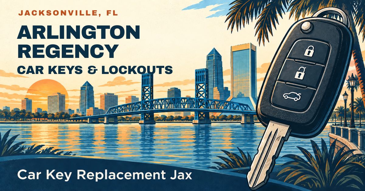 ARLINGTON REGENCY — CAR KEYS & LOCKOUTS. Jacksonville, FL. Illustrated car key and city skyline; Car Key Replacement Jax.