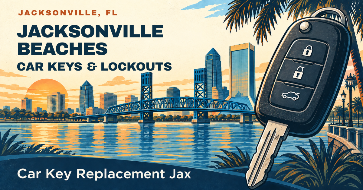 JACKSONVILLE BEACHES — CAR KEYS & LOCKOUTS. Jacksonville, FL. Illustrated car key and city skyline; Car Key Replacement Jax.
