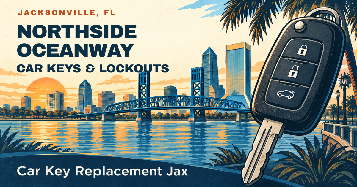 NORTHSIDE OCEANWAY — CAR KEYS & LOCKOUTS. Jacksonville, FL. Illustrated car key and city skyline; Car Key Replacement Jax.
