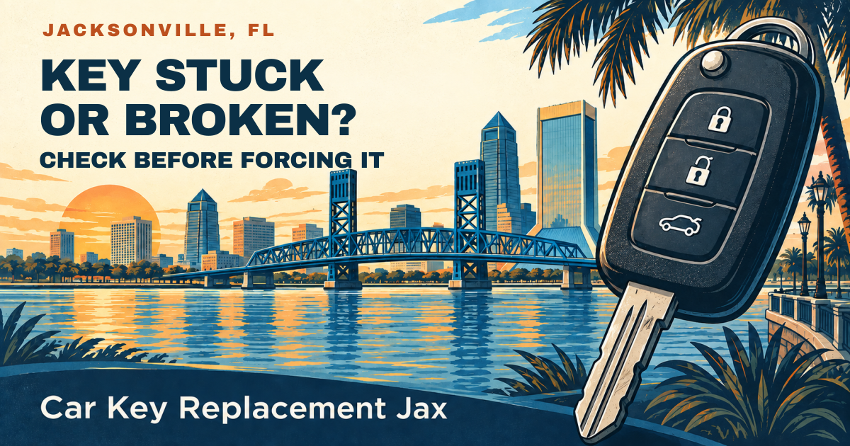 KEY STUCK OR BROKEN? — CHECK BEFORE FORCING IT. Jacksonville, FL. Illustrated car key and city skyline; Car Key Replacement Jax.