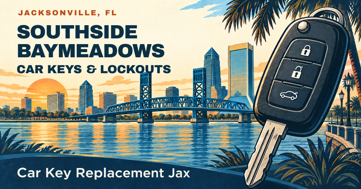 SOUTHSIDE BAYMEADOWS — CAR KEYS & LOCKOUTS. Jacksonville, FL. Illustrated car key and city skyline; Car Key Replacement Jax.