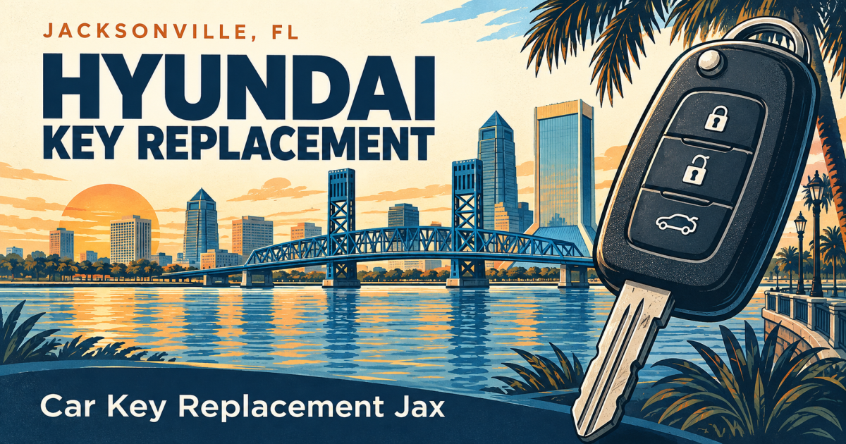 HYUNDAI — KEY REPLACEMENT. Jacksonville, FL. Illustrated car key and city skyline; Car Key Replacement Jax.