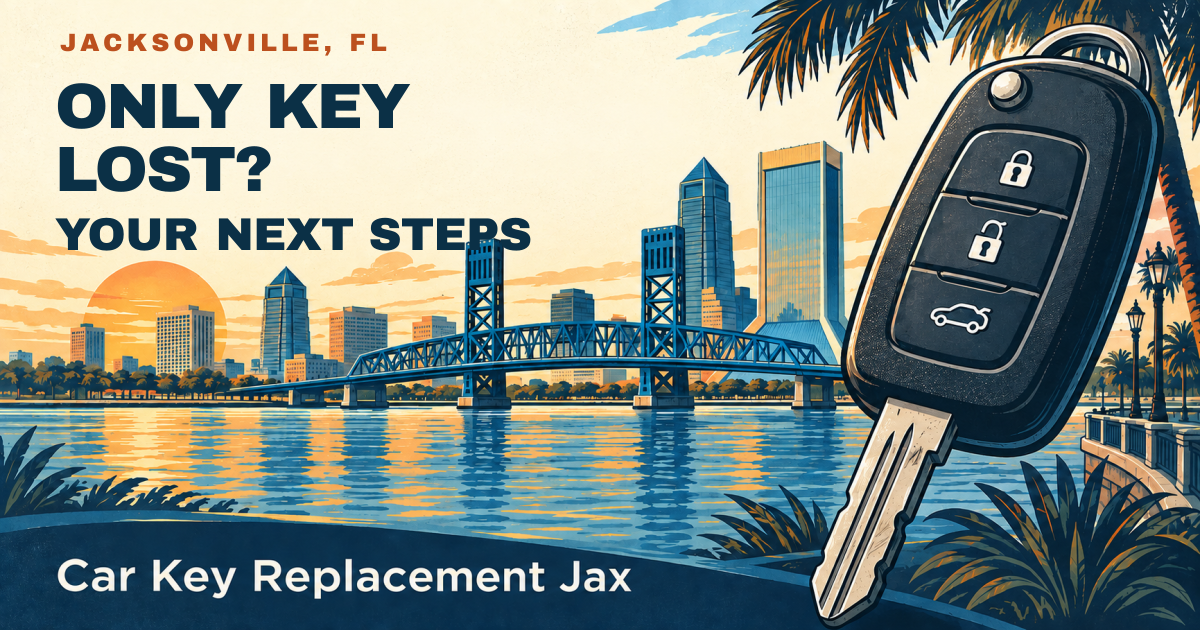 ONLY KEY LOST? — YOUR NEXT STEPS. Jacksonville, FL. Illustrated car key and city skyline; Car Key Replacement Jax.