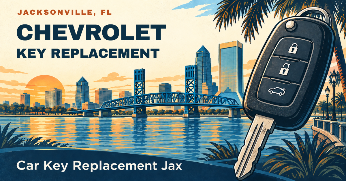 CHEVROLET — KEY REPLACEMENT. Jacksonville, FL. Illustrated car key and city skyline; Car Key Replacement Jax.
