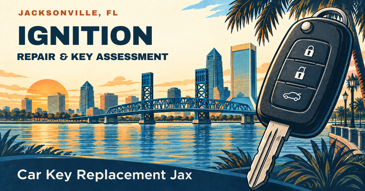 IGNITION — REPAIR & KEY ASSESSMENT. Jacksonville, FL. Illustrated car key and city skyline; Car Key Replacement Jax.