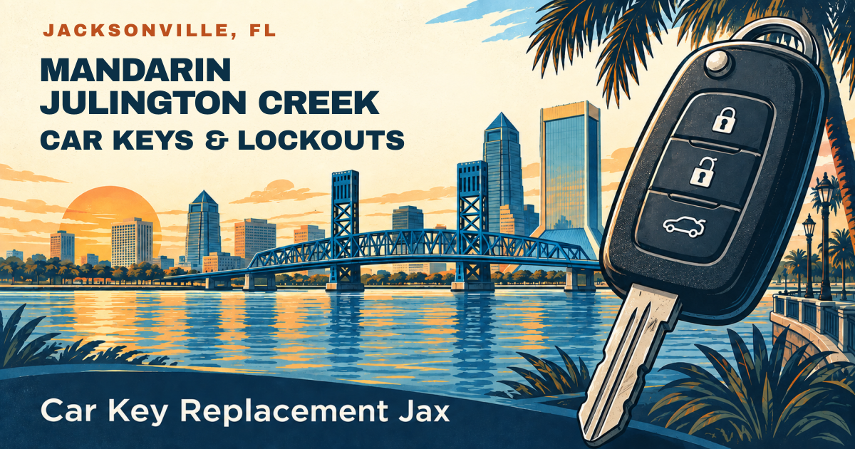MANDARIN JULINGTON CREEK — CAR KEYS & LOCKOUTS. Jacksonville, FL. Illustrated car key and city skyline; Car Key Replacement Jax.