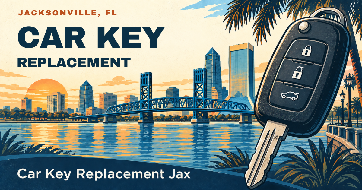CAR KEY — REPLACEMENT. Jacksonville, FL. Illustrated car key and city skyline; Car Key Replacement Jax.