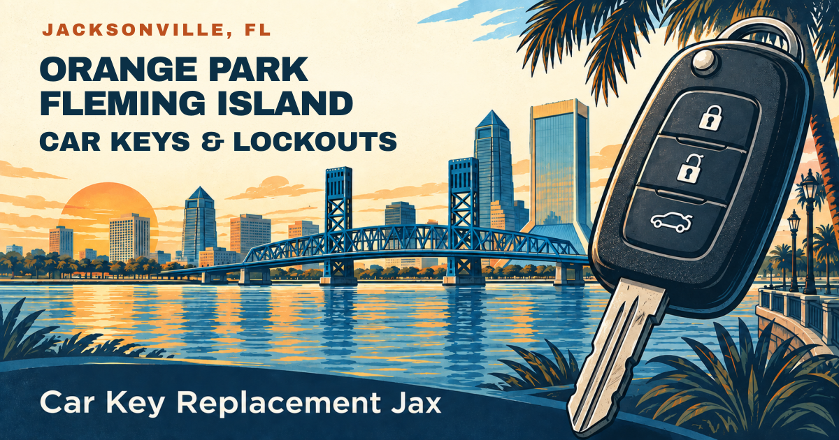 ORANGE PARK FLEMING ISLAND — CAR KEYS & LOCKOUTS. Jacksonville, FL. Illustrated car key and city skyline; Car Key Replacement Jax.