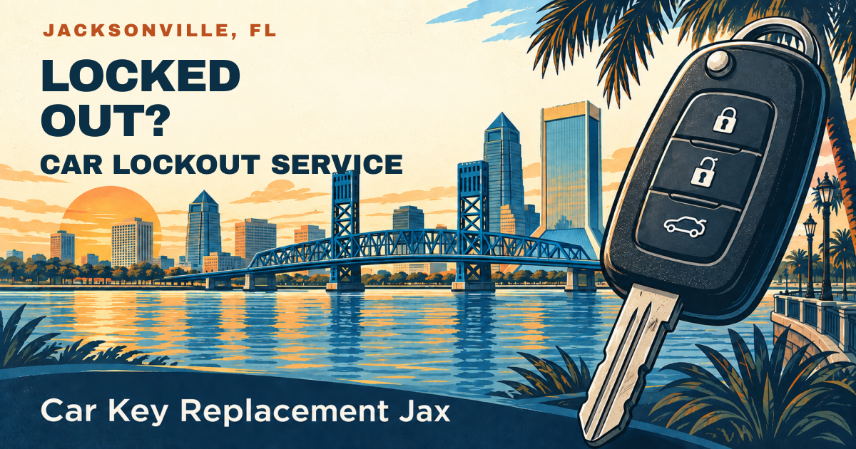 LOCKED OUT? — CAR LOCKOUT SERVICE. Jacksonville, FL. Illustrated car key and city skyline; Car Key Replacement Jax.