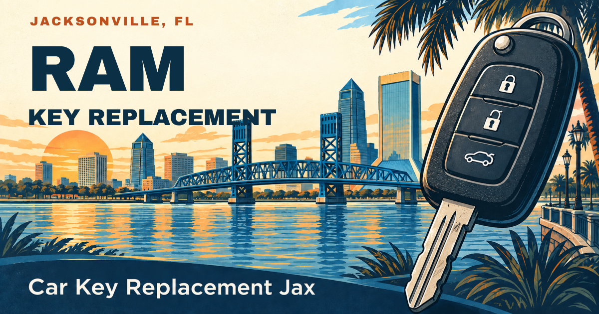 RAM — KEY REPLACEMENT. Jacksonville, FL. Illustrated car key and city skyline; Car Key Replacement Jax.