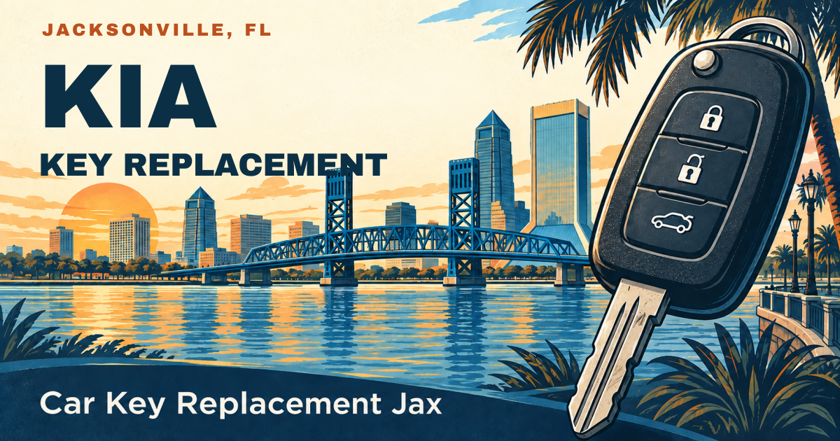 KIA — KEY REPLACEMENT. Jacksonville, FL. Illustrated car key and city skyline; Car Key Replacement Jax.