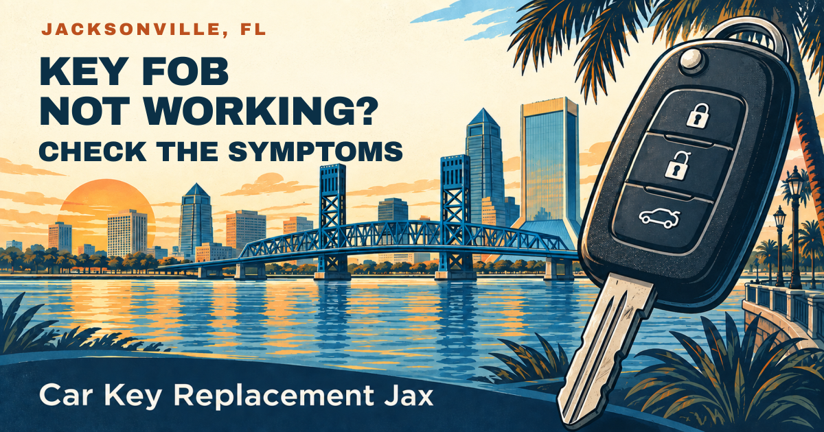 KEY FOB NOT WORKING? — CHECK THE SYMPTOMS. Jacksonville, FL. Illustrated car key and city skyline; Car Key Replacement Jax.
