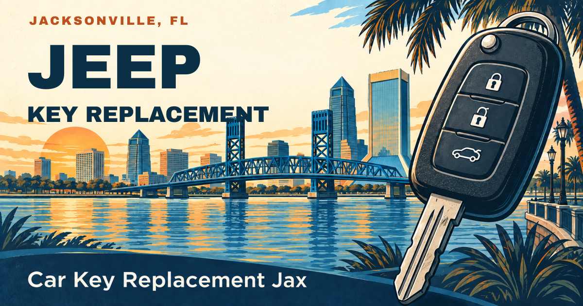 JEEP — KEY REPLACEMENT. Jacksonville, FL. Illustrated car key and city skyline; Car Key Replacement Jax.