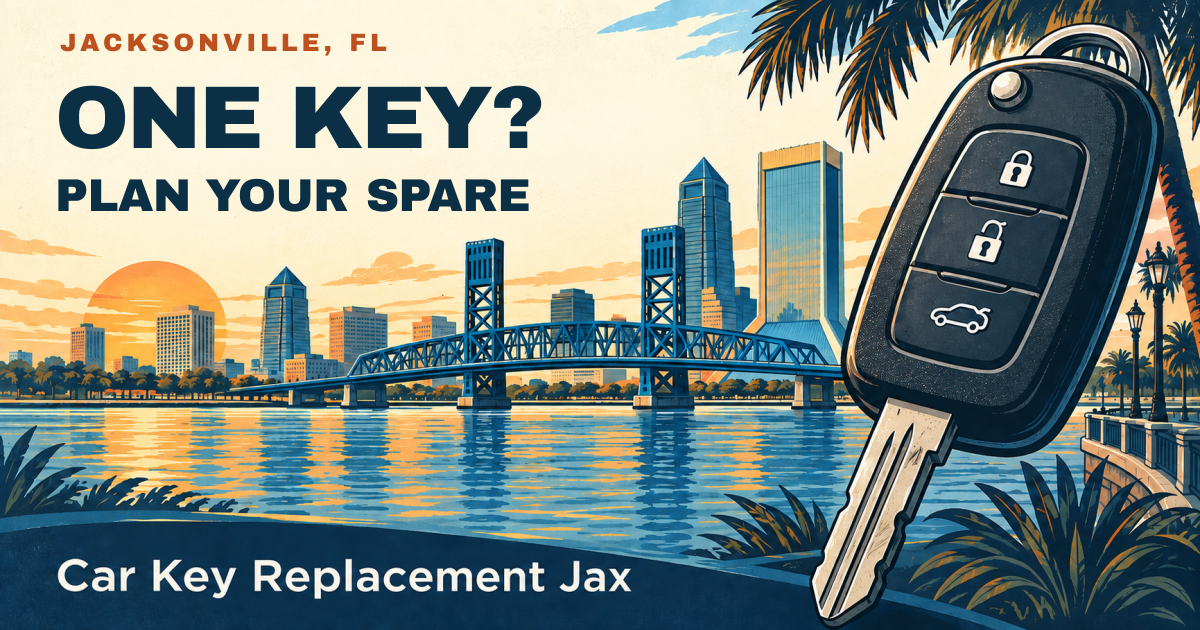 ONE KEY? — PLAN YOUR SPARE. Jacksonville, FL. Illustrated car key and city skyline; Car Key Replacement Jax.