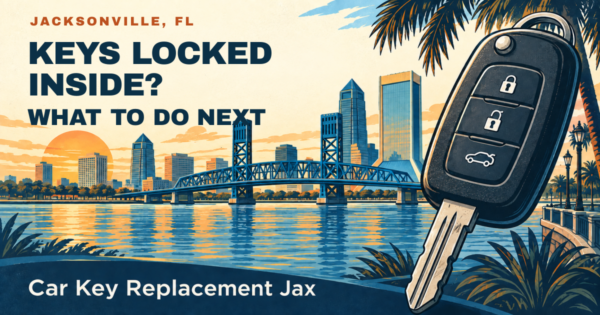 KEYS LOCKED INSIDE? — WHAT TO DO NEXT. Jacksonville, FL. Illustrated car key and city skyline; Car Key Replacement Jax.