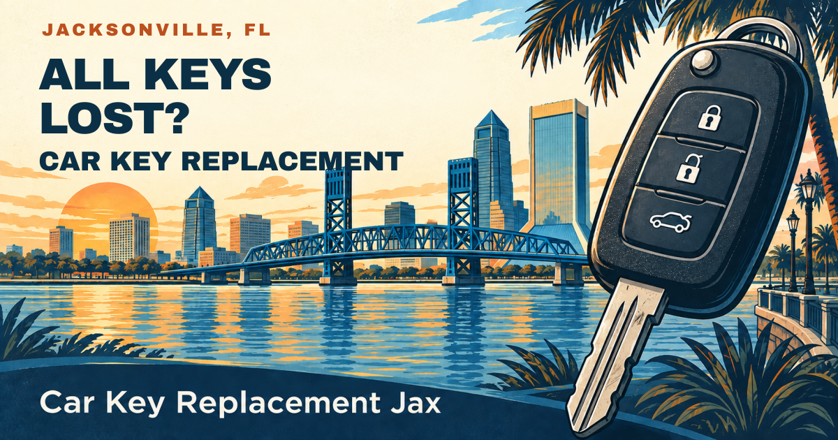 ALL KEYS LOST? — CAR KEY REPLACEMENT. Jacksonville, FL. Illustrated car key and city skyline; Car Key Replacement Jax.