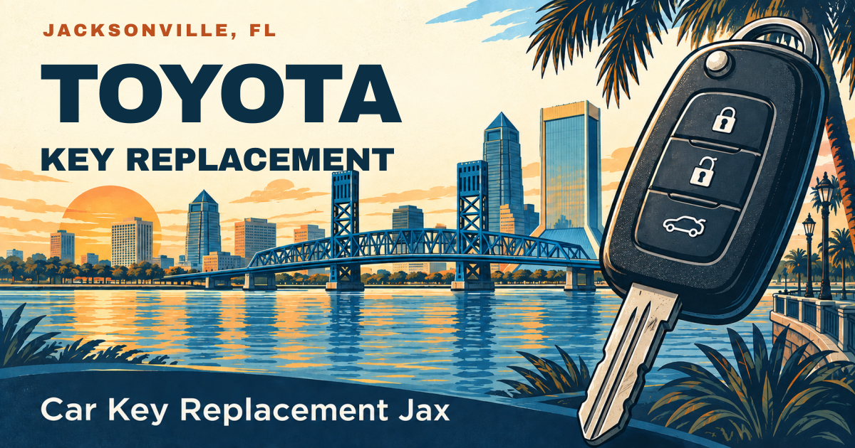 TOYOTA — KEY REPLACEMENT. Jacksonville, FL. Illustrated car key and city skyline; Car Key Replacement Jax.