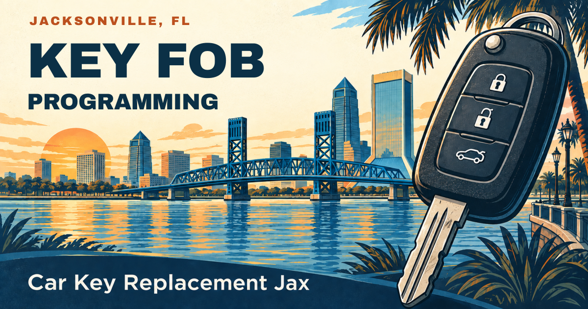 KEY FOB — PROGRAMMING. Jacksonville, FL. Illustrated car key and city skyline; Car Key Replacement Jax.