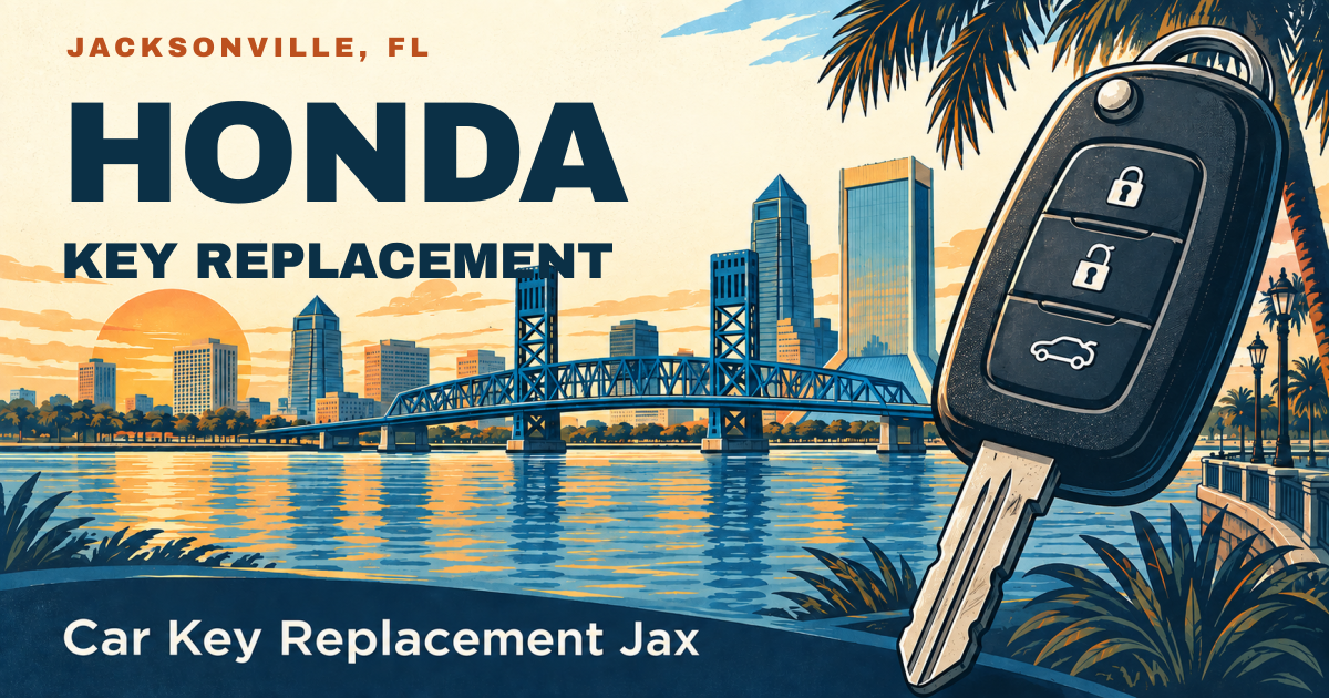 HONDA — KEY REPLACEMENT. Jacksonville, FL. Illustrated car key and city skyline; Car Key Replacement Jax.