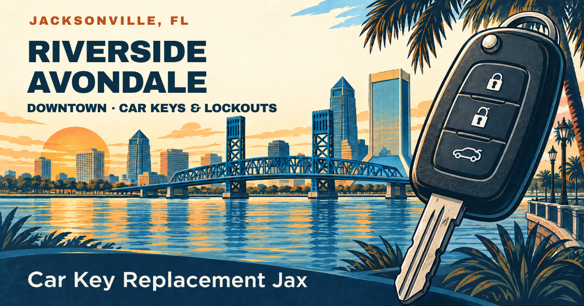 RIVERSIDE AVONDALE — DOWNTOWN · CAR KEYS & LOCKOUTS. Jacksonville, FL. Illustrated car key and city skyline; Car Key Replacement Jax.